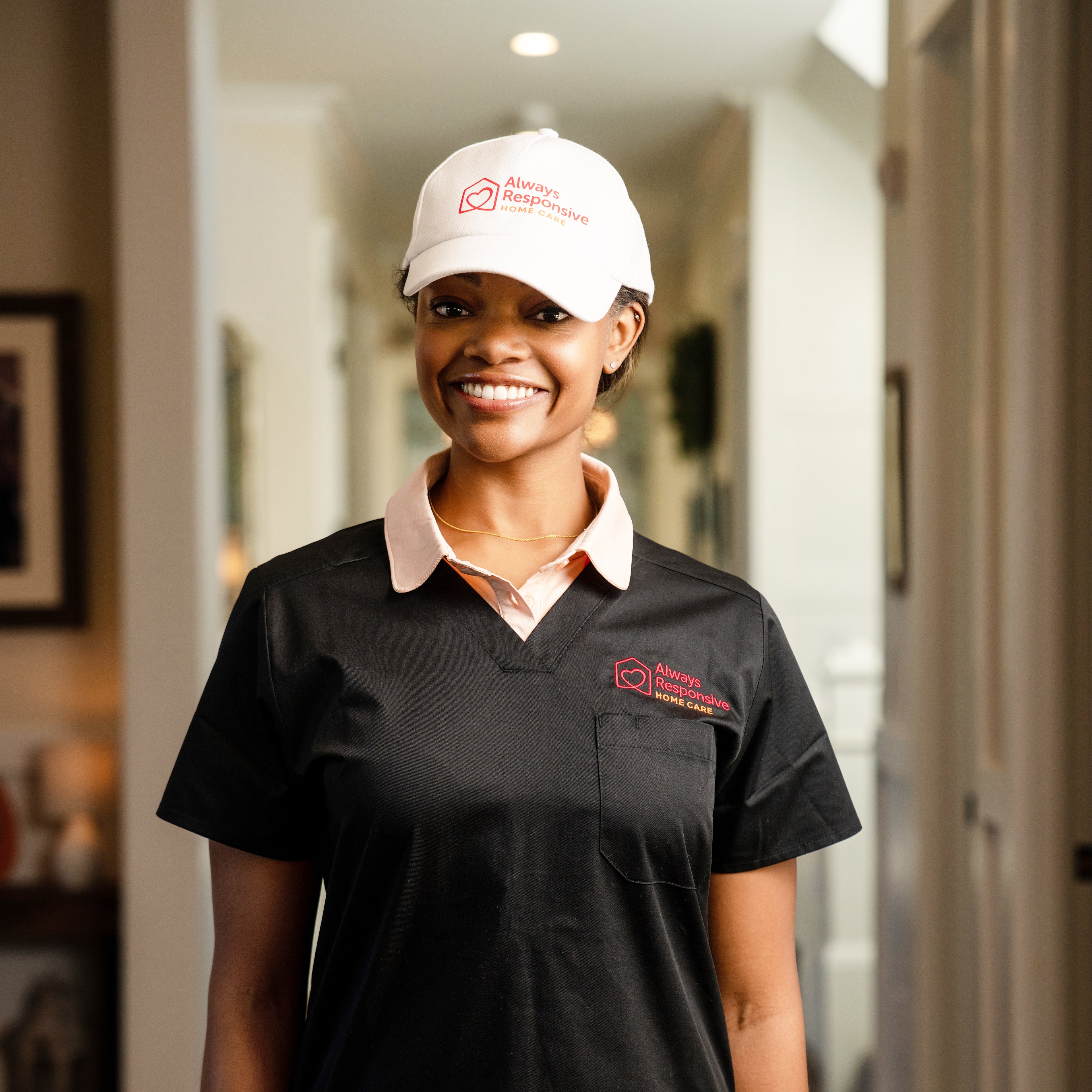 Professional home care provider providing attentive care with a warm smile